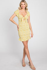 Yellow Floral Knotted Front Smocked Fitted Mini Dress