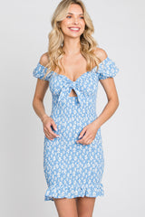 Blue Floral Knotted Front Smocked Fitted Mini Dress