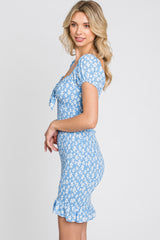 Blue Floral Knotted Front Smocked Fitted Mini Dress