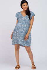 Blue Floral Ruffle Sleeve Maternity Dress