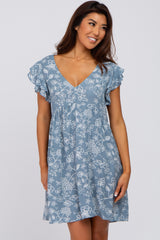 Blue Floral Ruffle Sleeve Maternity Dress