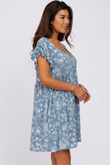 Blue Floral Ruffle Sleeve Dress