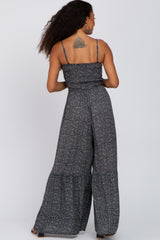 Black Speckle Print Smocked Jumpsuit