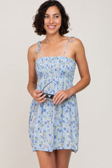 Light Blue Floral Smocked Square Neck Shoulder Tie Mini Dress