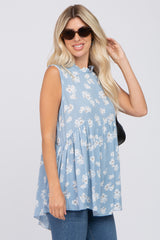 Blue Floral Ruffle Mock Neck Babydoll Blouse