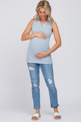 Light Blue Ribbed Button Accent Maternity Tank