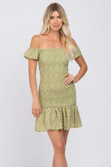 Light Green Ditsy Floral Off Shoulder Dress