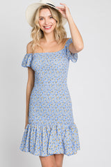 Light Blue Ditsy Floral Off Shoulder Dress