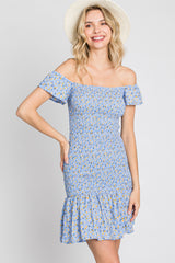 Light Blue Ditsy Floral Off Shoulder Dress