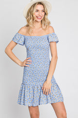 Light Blue Ditsy Floral Off Shoulder Dress