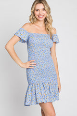 Light Blue Ditsy Floral Off Shoulder Dress