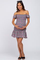 Purple Ditsy Floral Off Shoulder Maternity Dress