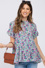 Blue Floral Tiered Mock Neck Maternity Top