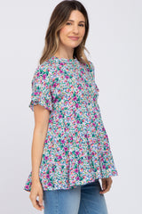 Blue Floral Tiered Mock Neck Maternity Top