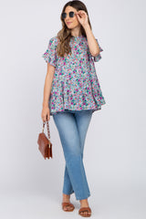 Blue Floral Tiered Mock Neck Maternity Top