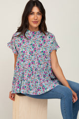 Blue Floral Tiered Mock Neck Top