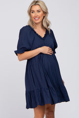 Navy Ruffle Accent Maternity Dress