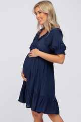 Navy Ruffle Accent Maternity Dress