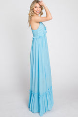 Light Blue Sleeveless Ruffle V-Neck Maxi Dress