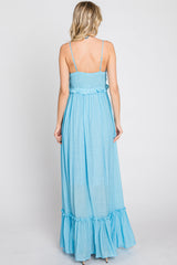 Light Blue Sleeveless Ruffle V-Neck Maxi Dress