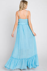 Light Blue Sleeveless Ruffle V-Neck Maxi Dress