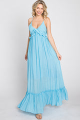 Light Blue Sleeveless Ruffle V-Neck Maxi Dress