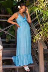 Light Blue Sleeveless Ruffle V-Neck Maternity Maxi Dress