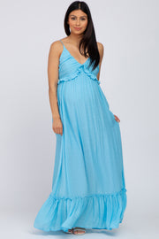 Light Blue Sleeveless Ruffle V-Neck Maternity Maxi Dress