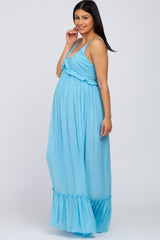 Light Blue Sleeveless Ruffle V-Neck Maternity Maxi Dress