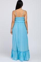 Light Blue Sleeveless Ruffle V-Neck Maternity Maxi Dress