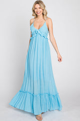 Light Blue Sleeveless Ruffle V-Neck Maxi Dress