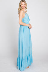 Light Blue Sleeveless Ruffle V-Neck Maxi Dress