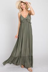 Olive Sleeveless Ruffle V-Neck Maxi Dress