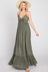 Olive Sleeveless Ruffle V-Neck Maxi Dress