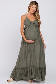 Olive Sleeveless Ruffle V-Neck Maternity Maxi Dress