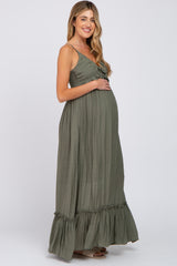 Olive Sleeveless Ruffle V-Neck Maternity Maxi Dress