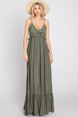 Olive Sleeveless Ruffle V-Neck Maxi Dress