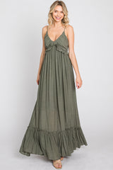 Olive Sleeveless Ruffle V-Neck Maxi Dress