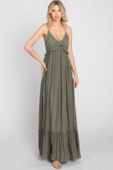 Olive Sleeveless Ruffle V-Neck Maxi Dress