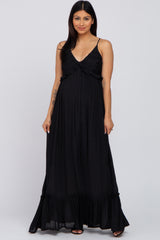 Black Sleeveless Ruffle V-Neck Maternity Maxi Dress