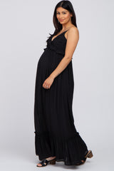 Black Sleeveless Ruffle V-Neck Maternity Maxi Dress