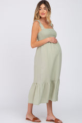 Light Olive Smocked Maternity Midi Dress