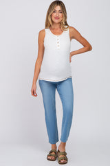 White Ribbed Button Neckline Maternity Tank