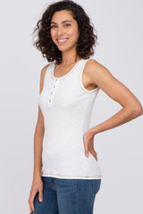 White Ribbed Button Neckline Tank