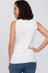 White Ribbed Button Neckline Tank