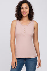 Pink Ribbed Button Neckline Maternity Tank