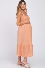 Peach Smocked Maternity Midi Dress