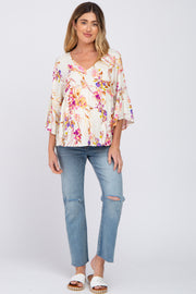 Ivory Floral V-Neck Ruffle Sleeve Maternity Blouse