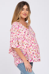 Pink Floral Pleated Front Ruffle Sleeve Hi-Low Maternity Top