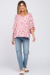 Pink Floral Pleated Front Ruffle Sleeve Hi-Low Maternity Top